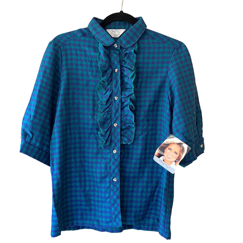 1980s Vintage Cheryl Tiegs Houndstooth Blouse Women Size 12 Deadstock Rare